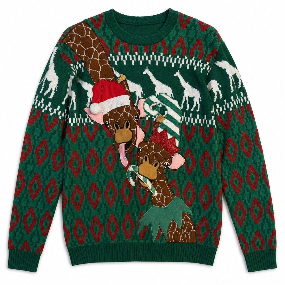 Christmas Giraffes Large Green Fair Isle Holiday Knit Gifts Ugly Sweater Animals